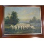 An oil on canvas of a flock of sheep. By Lucien Lepage. 78x62