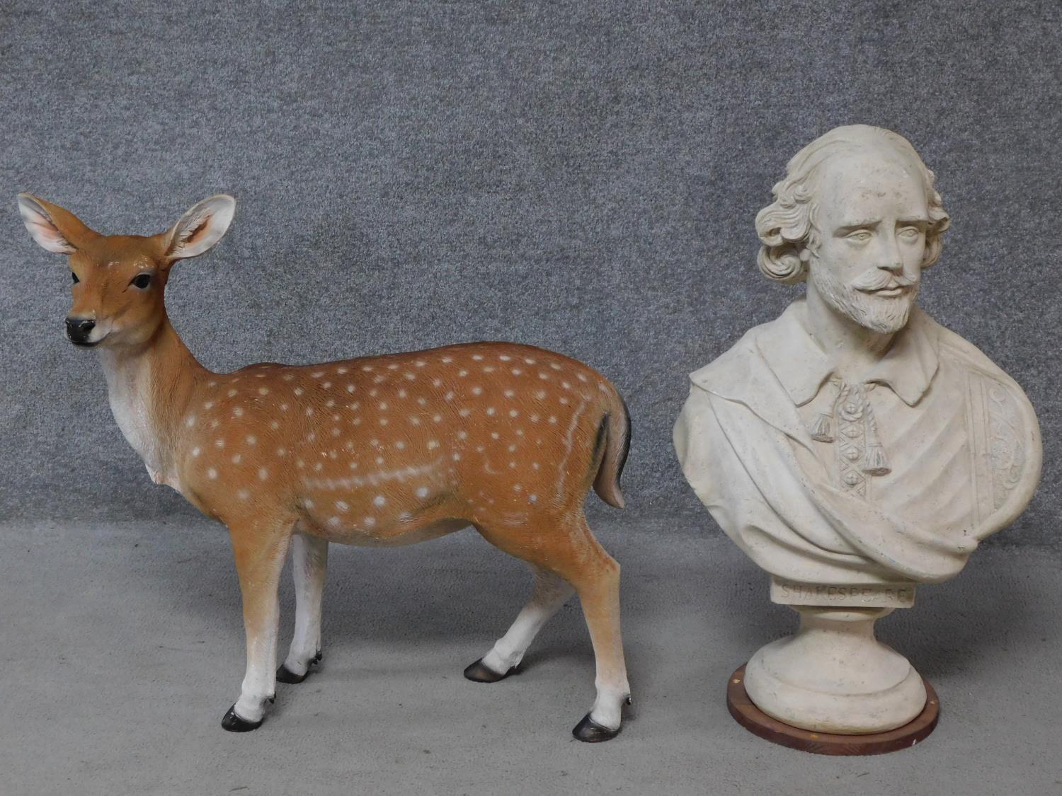 Two resin figures, one of a deer and the other a bust of Shakespeare. H.80cm (tallest).