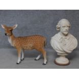 Two resin figures, one of a deer and the other a bust of Shakespeare. H.80cm (tallest).