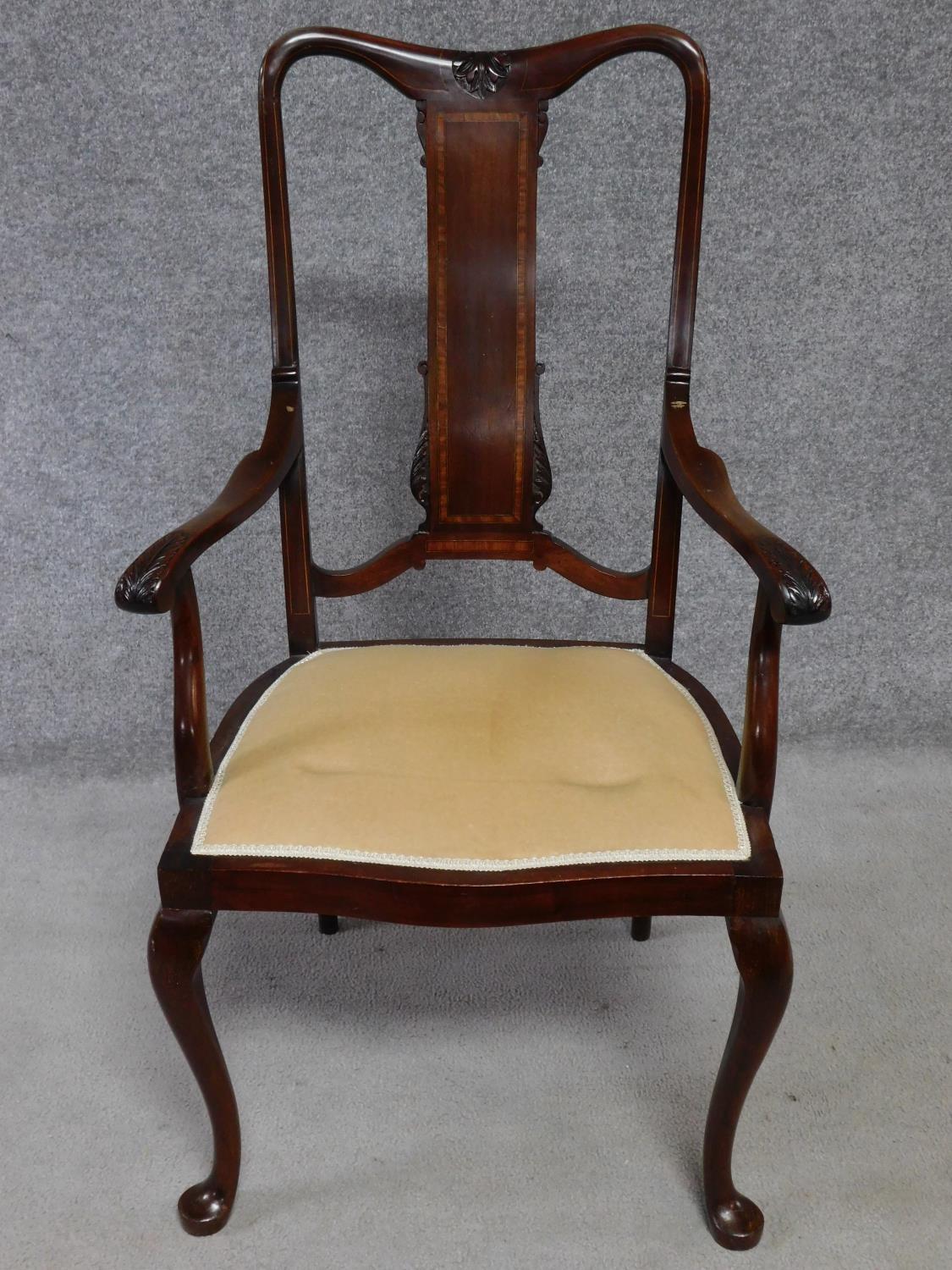 An Edwardian mahogany and satinwood inlaid armchair on cabriole supports. H.105cm - Image 2 of 5