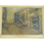 A framed oil on panel depicting a South East Asian market street, indistinctly signed. 73x54.5