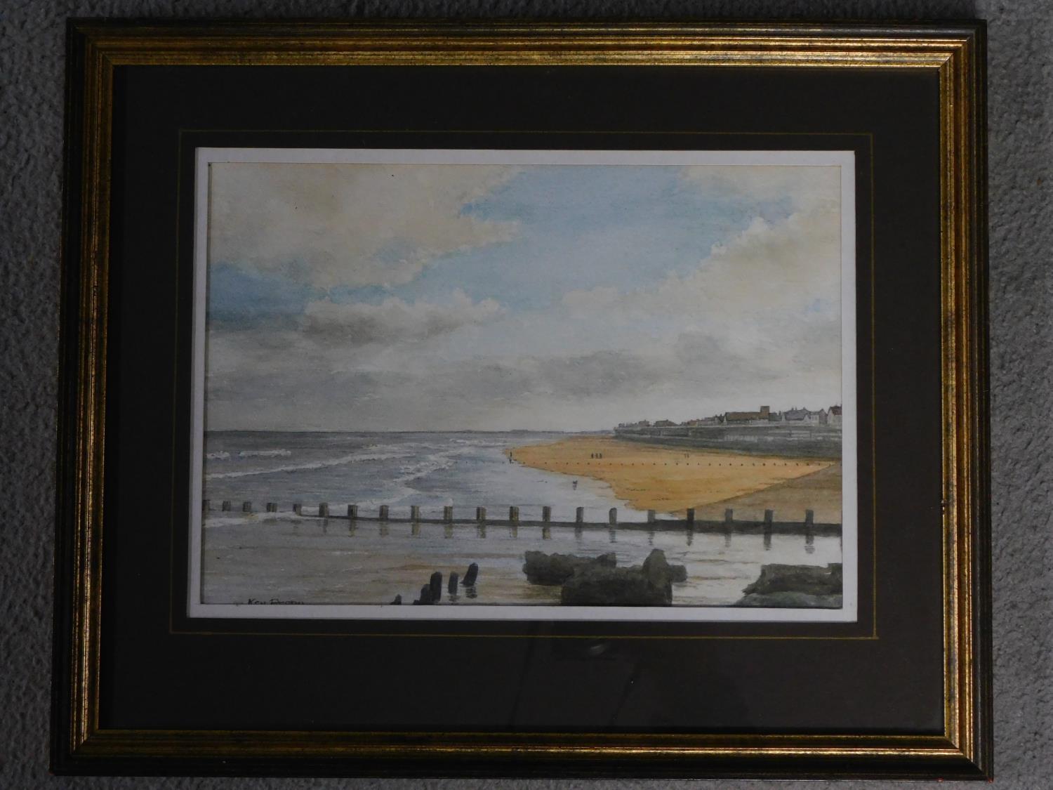 A framed and glazed watercolour depicting a beach scenery, signed Ken Perry. 43x35cm - Image 2 of 4