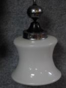 An Art Deco milk glass and chrome hanging lampshade with geometric design chain. H.148cm (with