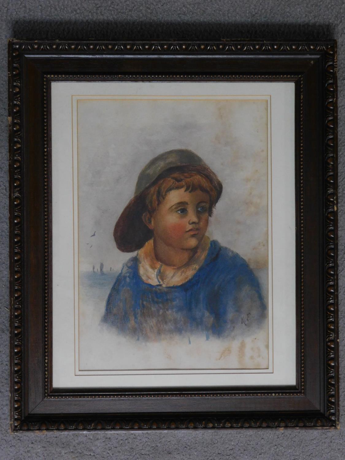 A framed and glazed watercolour depicting an Aberdeen fisher boy. Signed by K. F. 39x46cm - Image 2 of 5