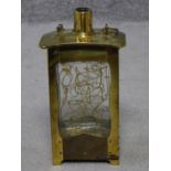 A vintage handled brass singing decanter with abstract design to glass. Plays Little Brown Jug. H.