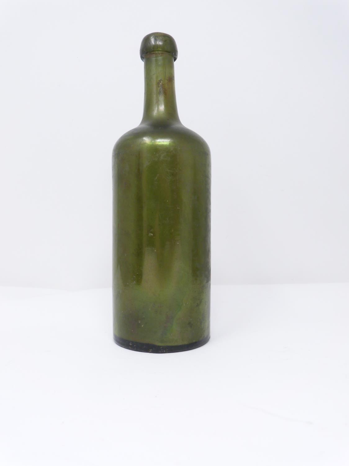 Three 18th century glass wine bottles. Two brown mallet shaped bottles and one green cylindrical - Image 5 of 8