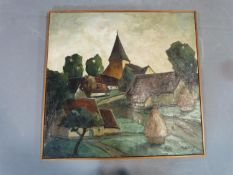 A framed oil on canvas of a cubist style village. By Martin Selley. 66x69cm