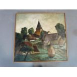 A framed oil on canvas of a cubist style village. By Martin Selley. 66x69cm