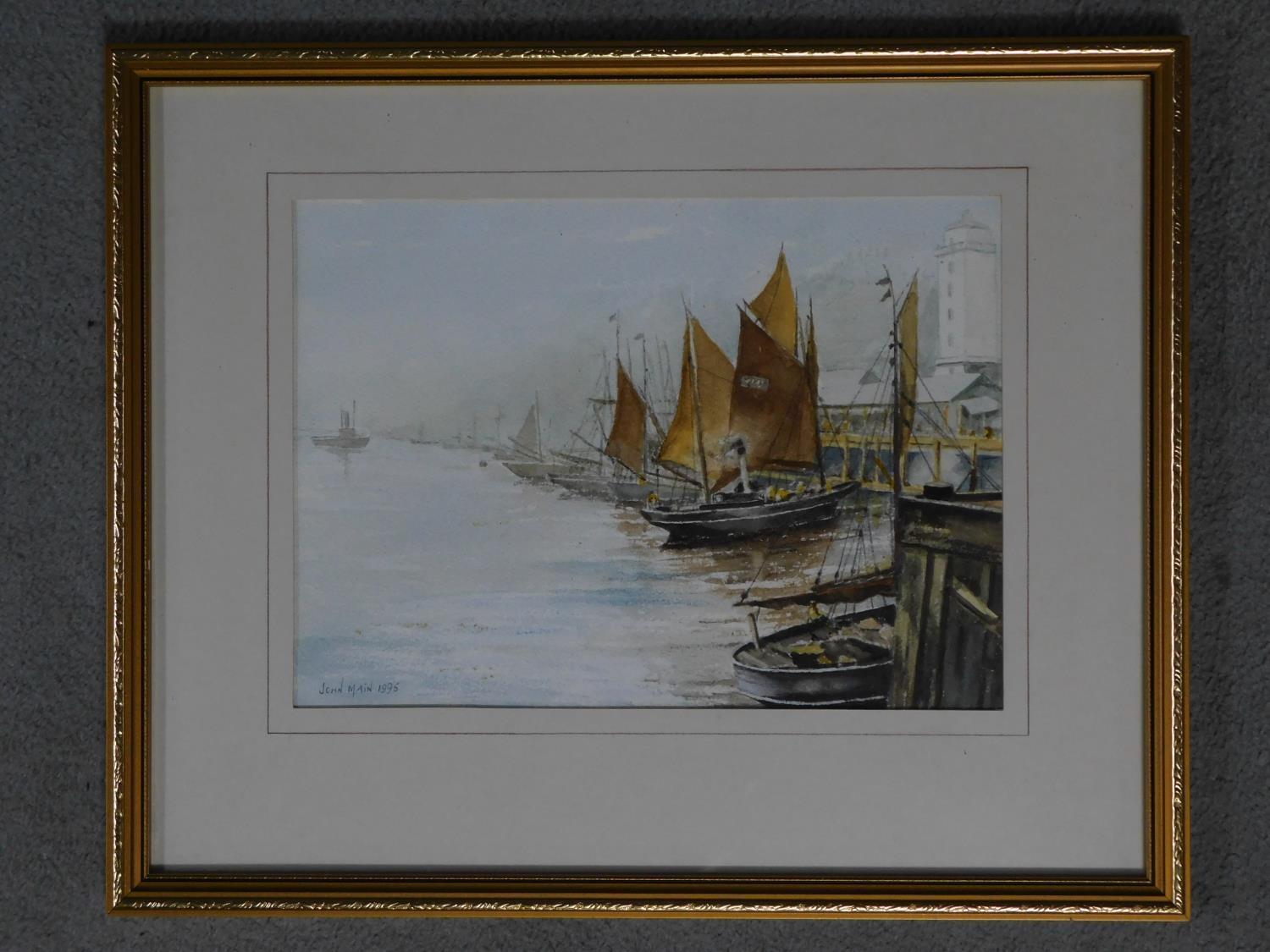 A framed and glazed watercolour depicting sailing boats in a port, signed by John Main, 1995. - Image 2 of 4