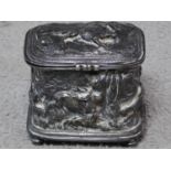 An French antique silvered bronze sculpted trinket box with various hunting scenes by French