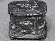 An French antique silvered bronze sculpted trinket box with various hunting scenes by French