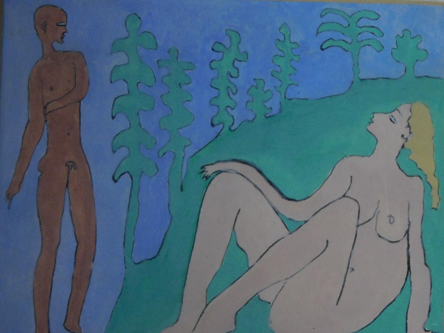 A framed and glazed watercolour depicting a nude couple, signed by John Nicol, 1984. 22x30cm