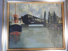 A framed oil on panel depicting ships by a drawbridge. Indistinctly signed. 67x57.5cm.