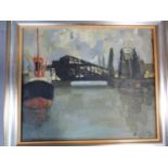 A framed oil on panel depicting ships by a drawbridge. Indistinctly signed. 67x57.5cm.