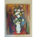 A framed oil on board still life, indistinctly signed. 57x67cm.