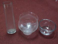 Two glass vases together with a large pedestal bowl. H.60cm (tallest)