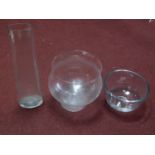 Two glass vases together with a large pedestal bowl. H.60cm (tallest)
