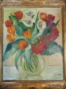 A framed oil on canvas, still life tulips and lilys, by Gaston Wallaert (1889-1954). 63x73