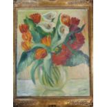 A framed oil on canvas, still life tulips and lilys, by Gaston Wallaert (1889-1954). 63x73