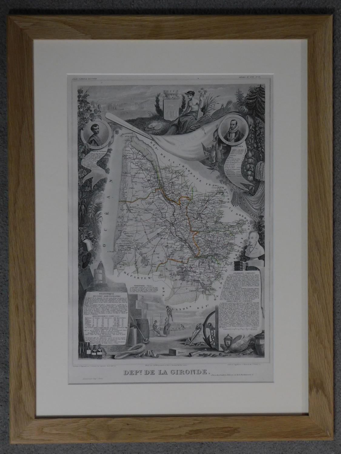 A framed and glazed wine region map of 'De La Gironde'. 60x50cm