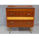 A vintage teak and burr maple chest on dansette supports. H.76 W.74 D.42cm