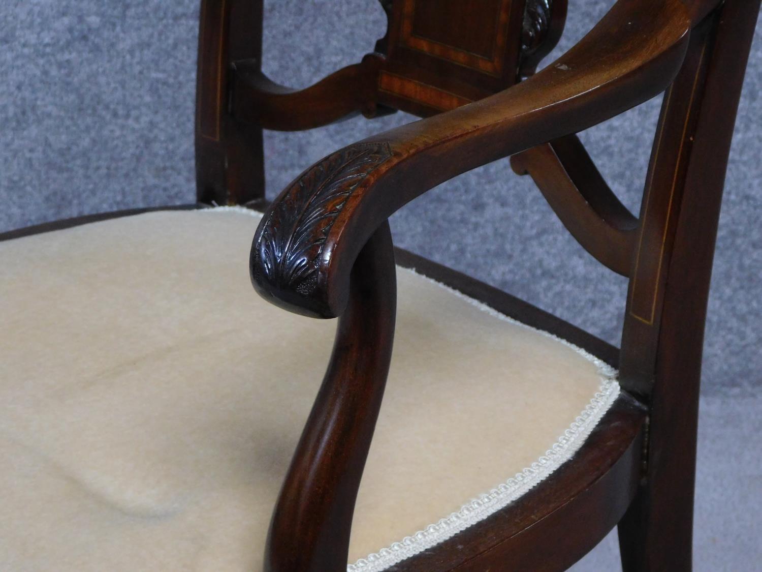 An Edwardian mahogany and satinwood inlaid armchair on cabriole supports. H.105cm - Image 3 of 5