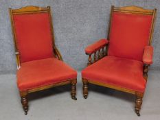 A late 19th century carved beech armchair and the matching nursing side chair H.100cm