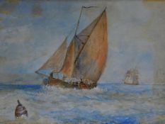 A framed and glazed watercolour of boats fishing, signed by L. F. Phillips 35x27cm