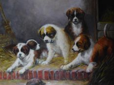 A framed oil on board in style of Otto Eerelman's 'Saint-Bernard puppies'. Signed by T. Jankman.