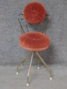 A vintage brass framed velvet upholstered dressing table chair on revolving base. H.85cm