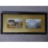 A framed and glazed diptych of watercolours depicting mountain scenes. 48x23cm