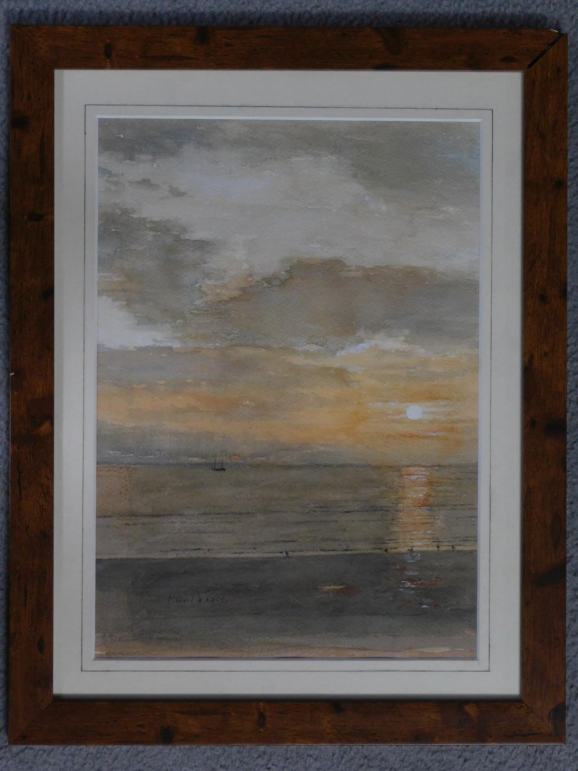 A framed and glazed watercolour of a sunset by the beach scene, signed Ken Perry. 35x46cm - Image 2 of 5