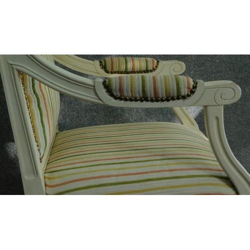 A Louis XVl style painted white armchair in striped upholstery and raised on tapering fluted - Image 4 of 7