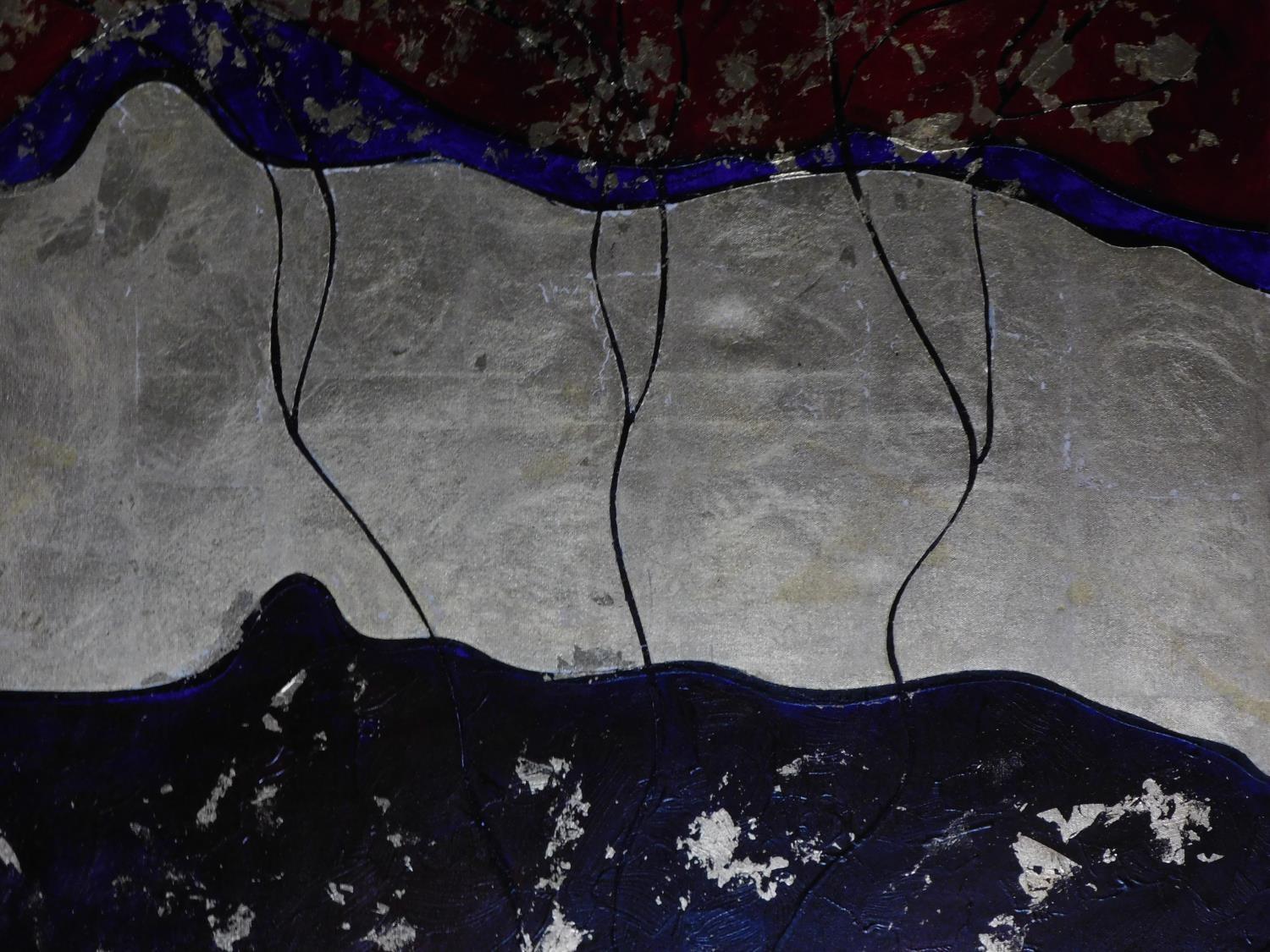 An unframed abstract oil on canvas signed Philip Raskin 04. 90x90cm
