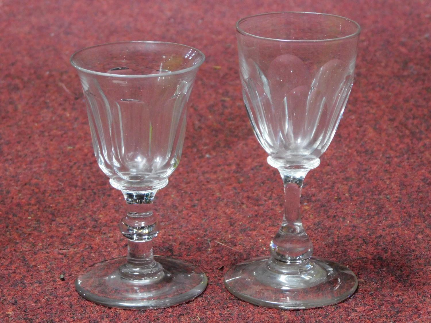 A set of six and a set of three antique blown glass cordial glasses with rough pontils. - Image 2 of 7