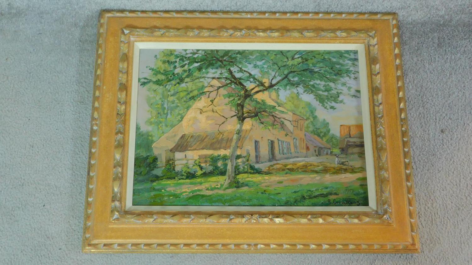 A framed oil on panel of a rural house, by Gustave Dierkens, inscription verso. 49.5x61