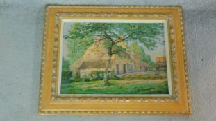 A framed oil on panel of a rural house, by Gustave Dierkens, inscription verso. 49.5x61