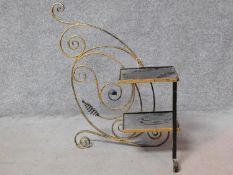 A vintage gilded metal plant stand with floral scrolling cast design. H.81cm