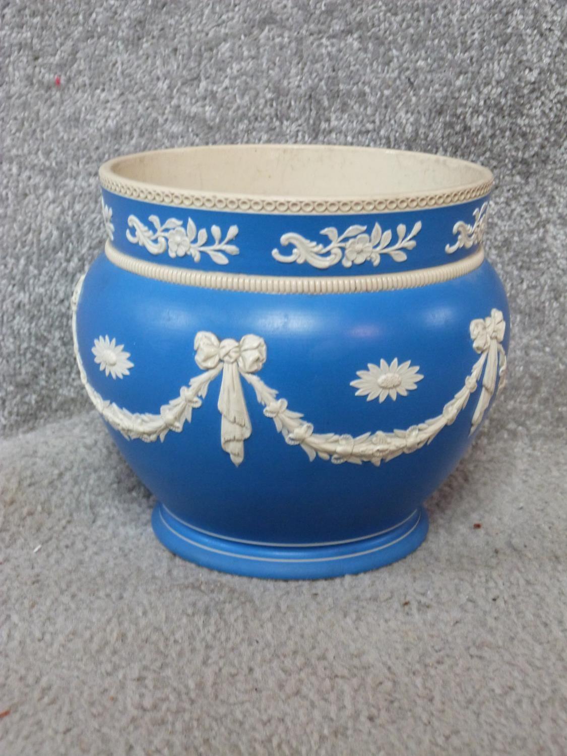 A Victorian Copeland blue and white Jasperware planter with swags and bow motifs, a rope effect