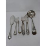 A collection of silver plated cutlery. Including a large silver plate soup ladle, two sets of
