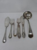 A collection of silver plated cutlery. Including a large silver plate soup ladle, two sets of