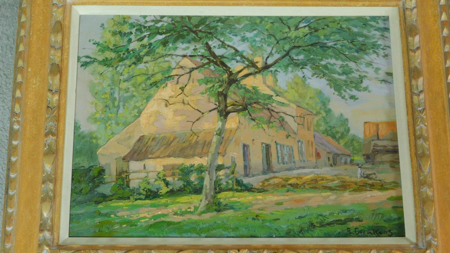 A framed oil on panel of a rural house, by Gustave Dierkens, inscription verso. 49.5x61 - Image 2 of 6