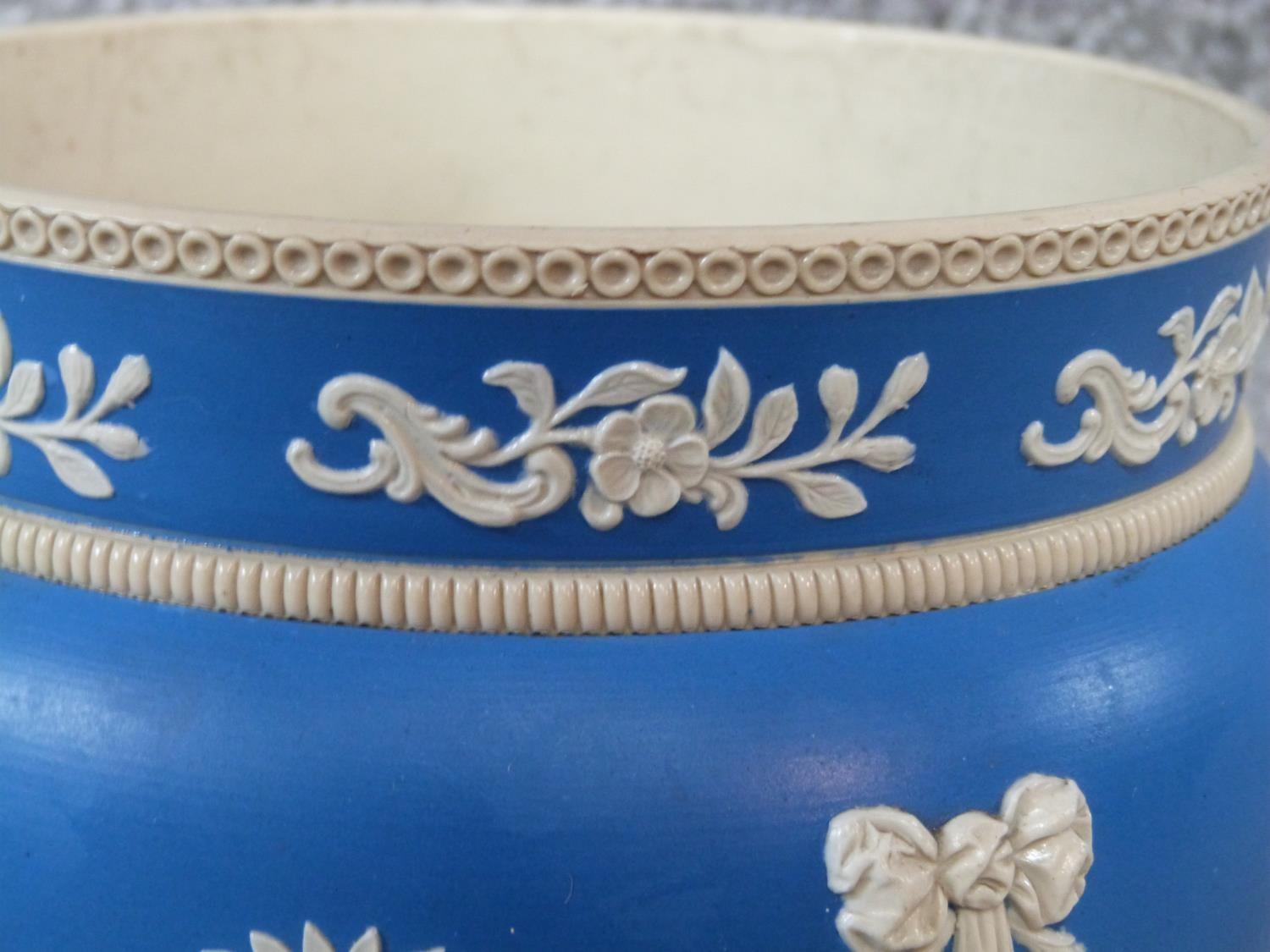 A Victorian Copeland blue and white Jasperware planter with swags and bow motifs, a rope effect - Image 4 of 7