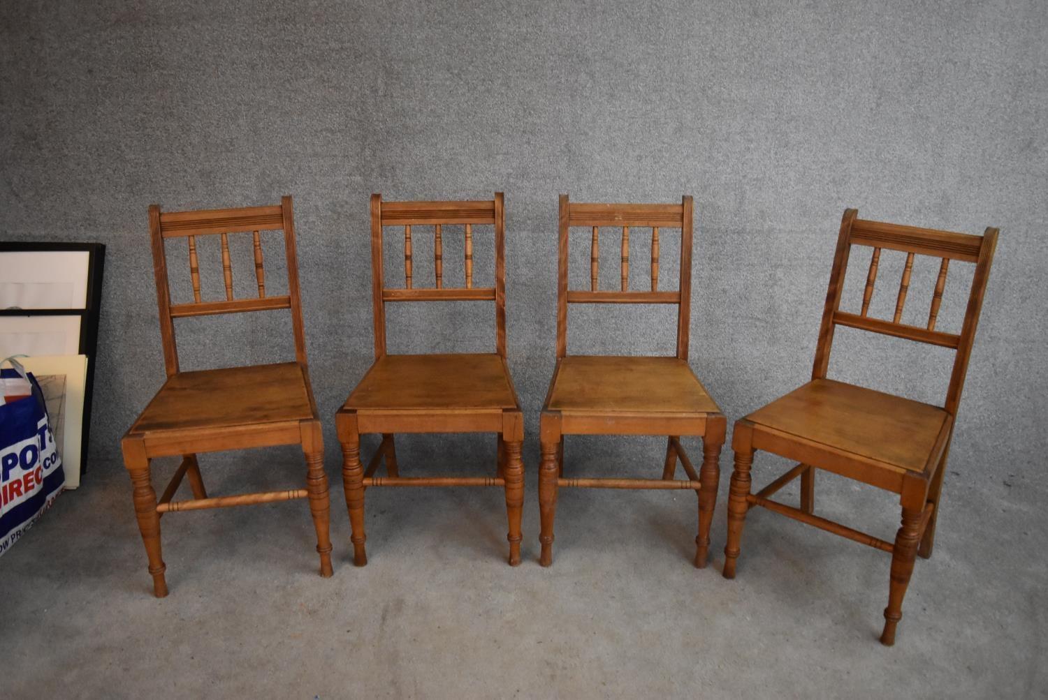 A set of four late 19th century beech framed dining chairs with panel seats. H.90x45cm - Image 2 of 4