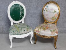 A Louis XV style gilt framed salon chair and a similar white painted example. H.92cm