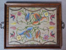A mahogany framed and glazed converted tray to wall mounted embroidery. 53x42cm