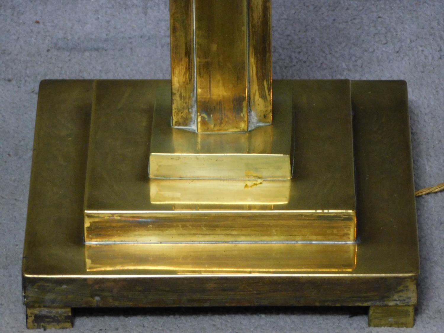 An Art Deco brass standard lamp of geometric outline and square stepped base resting on four block - Image 4 of 4