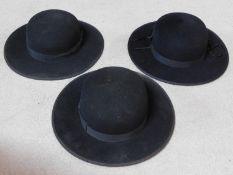 Three vintage pastor felt hats. 19x15.5cm (head size)