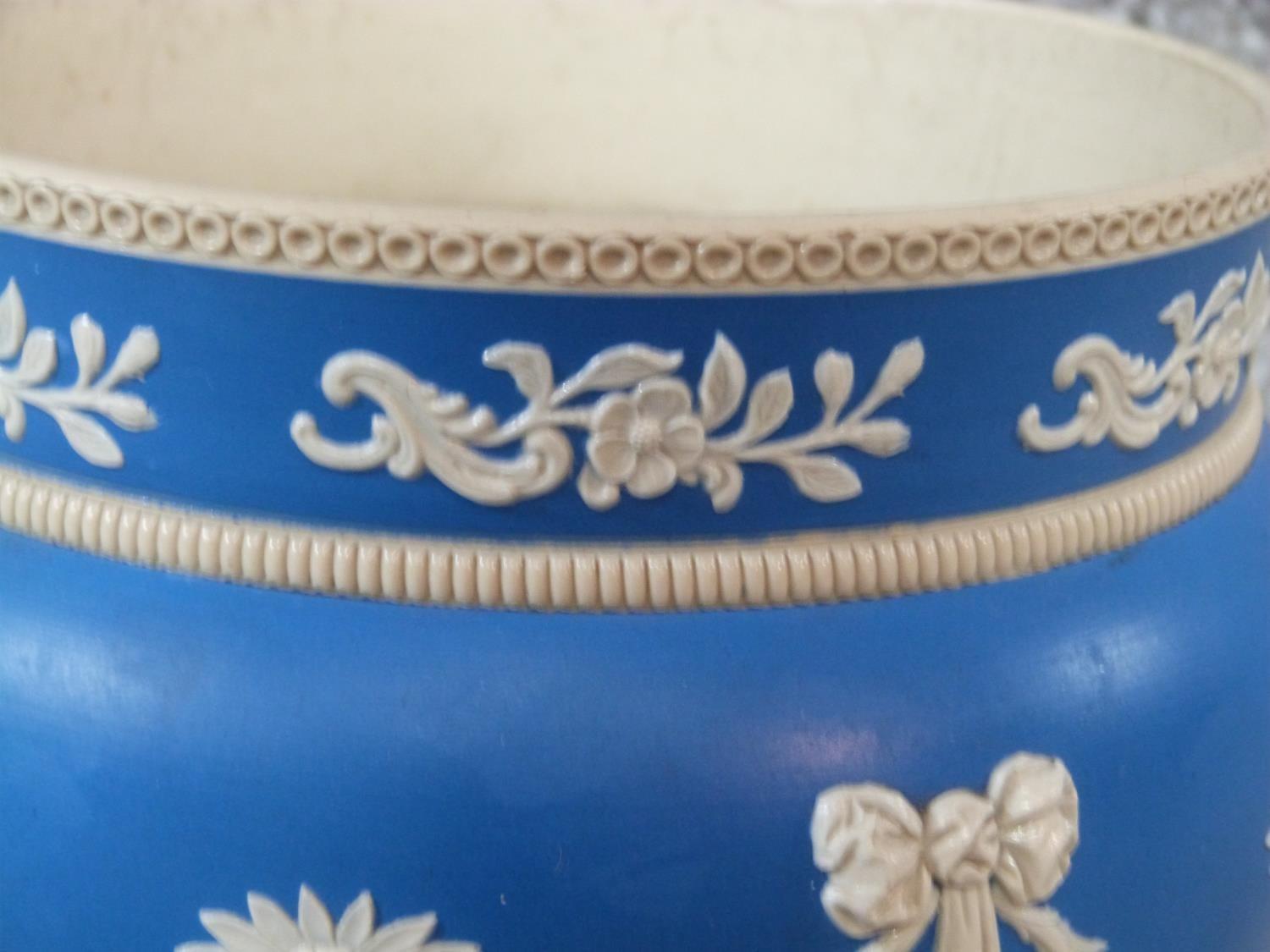 A Victorian Copeland blue and white Jasperware planter with swags and bow motifs, a rope effect - Image 3 of 7