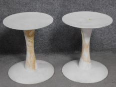 A pair of distressed painted French Connection stools on faux marble pedestals. H.46cm